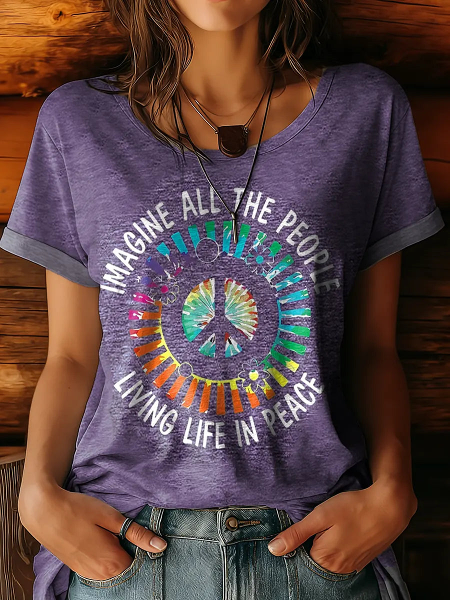 Hippie Imagine All The People Living Life in Peace Print Crew Neck Cotton T-Shirt