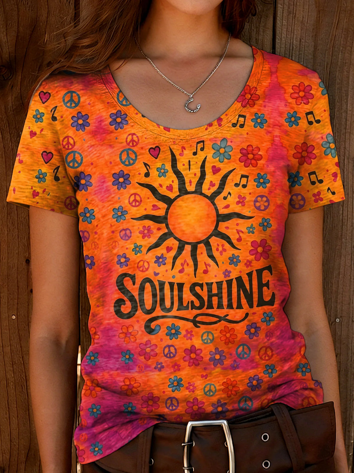 Women's Vintage Soulshine Peace Sign Floral Sun Hippie Art Print Casual Round Neck Short Sleeve Cotton T-shirt