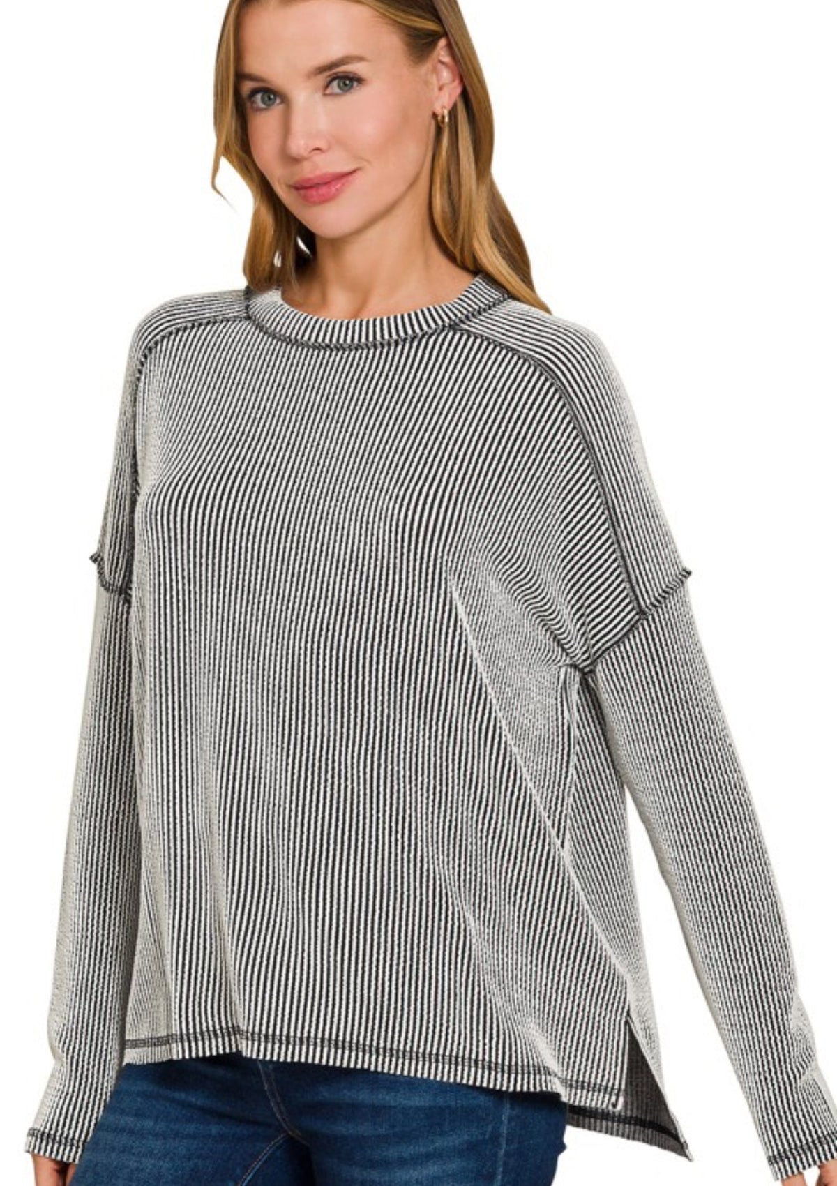 Ribbed Knit Long Sleeve Top Black White