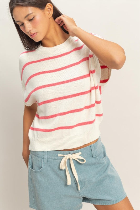 Stripe Crew Neck Knit Top Rose