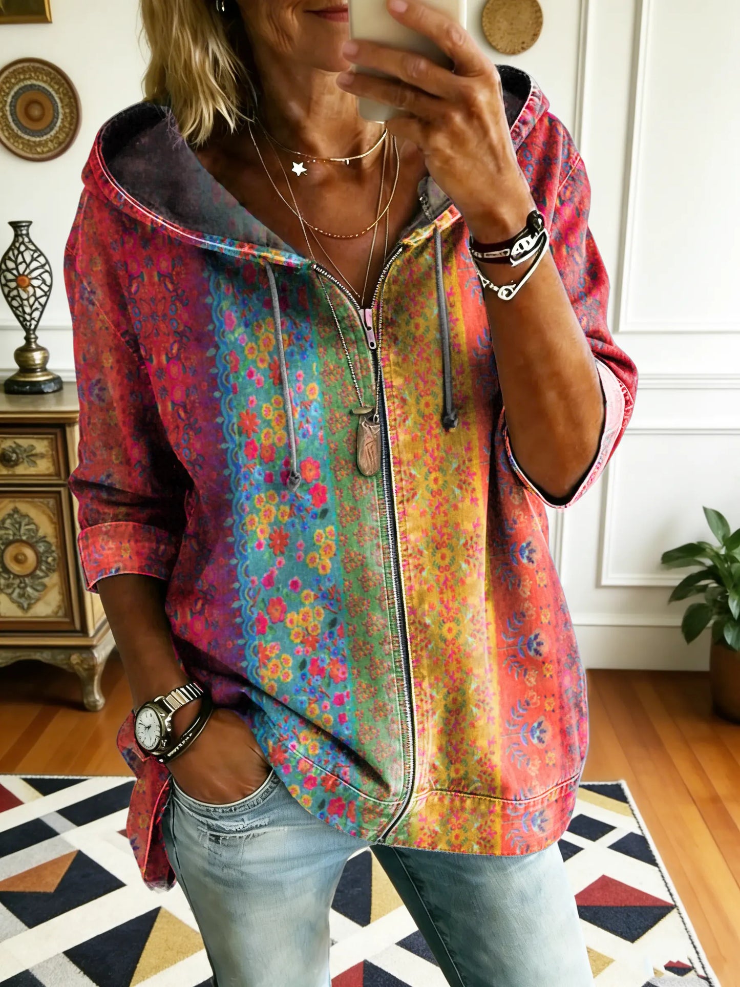 Women's Bohemian Floral Patchwork Art Print Zipper Denim Hoodie