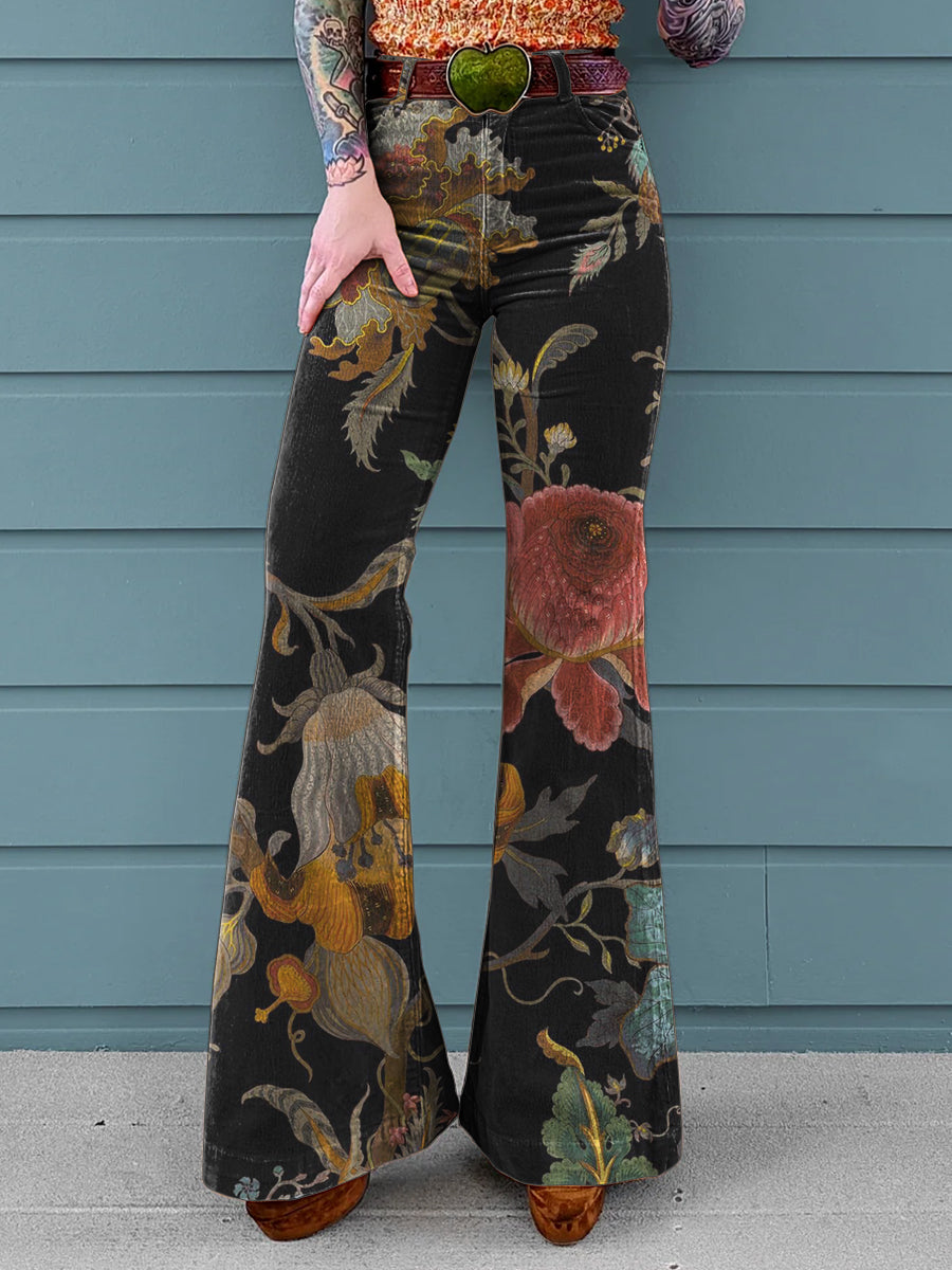 Women's Retro Flower Print Casual Wide Leg Pants