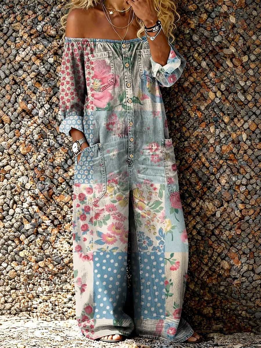 Women's Retro Patchwork Floral Art Print Casual Long-sleeved Washed Cotton Denim Jumpsuit