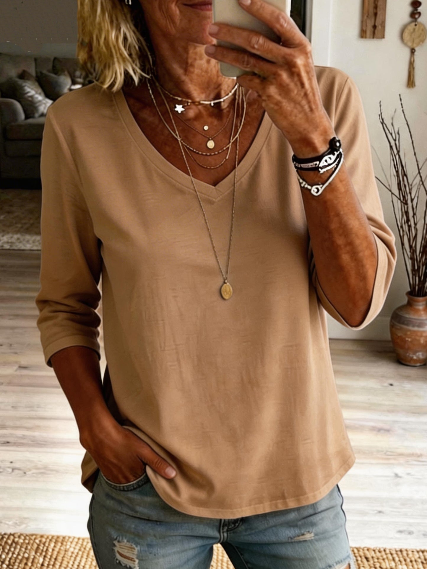 Women's Casual Short-sleeve V-neck Cotton T-shirt