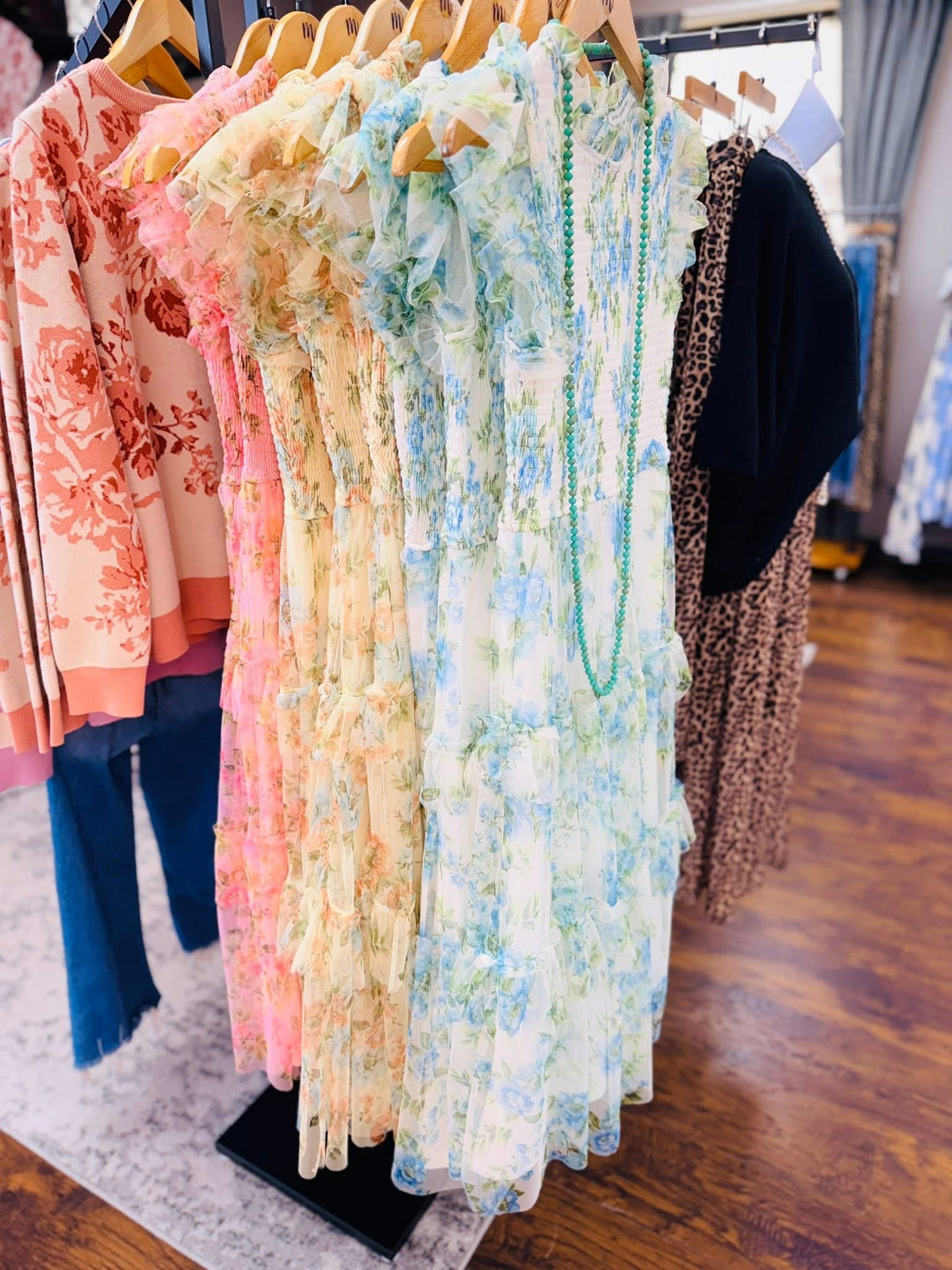 Blue Floral Ruffle Chiffon Dress
