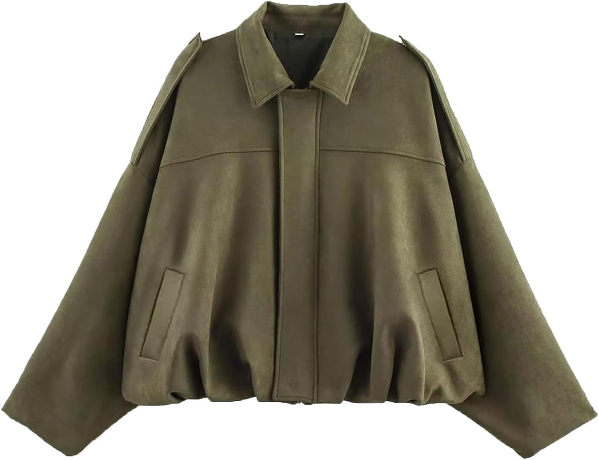 Womens Faux Suede Bomber Jacket Oversized Long Sleeve Cropped Coat