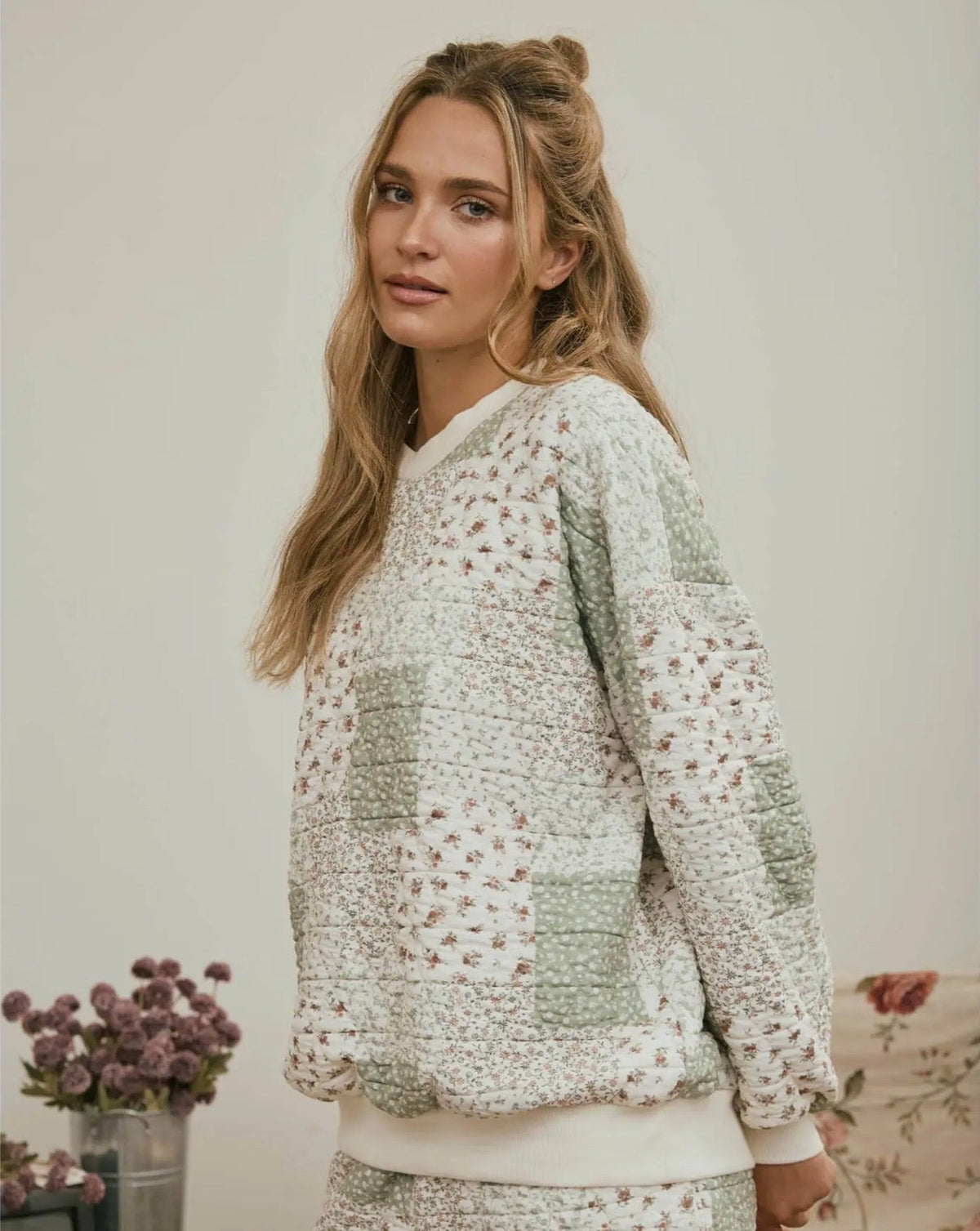 Multi Floral Patchwork Top Sage Mix