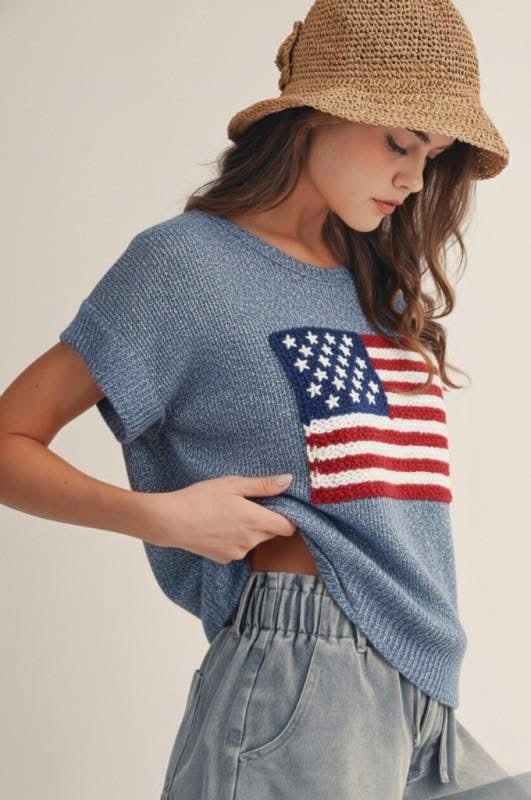 Blue American Flag Knit Top