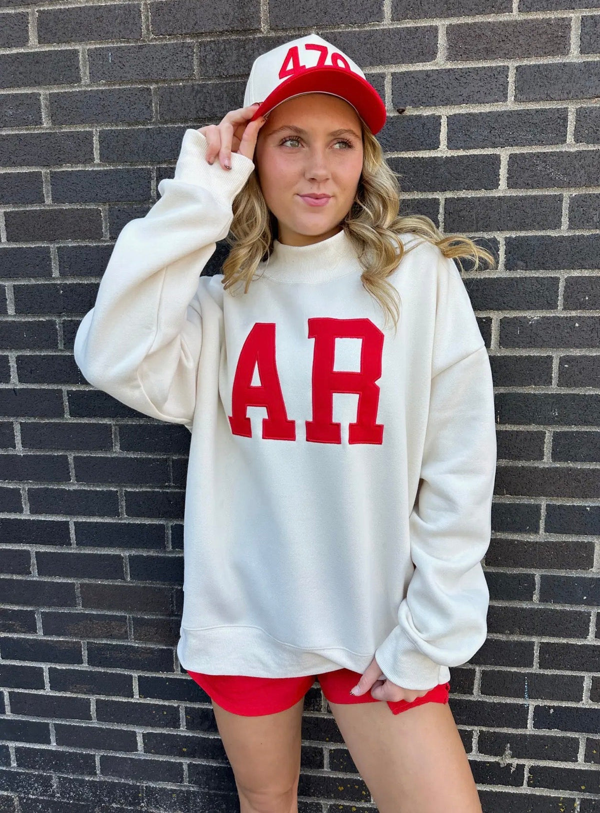 AR Embroidered Mock Neck Sweatshirt Cream Red