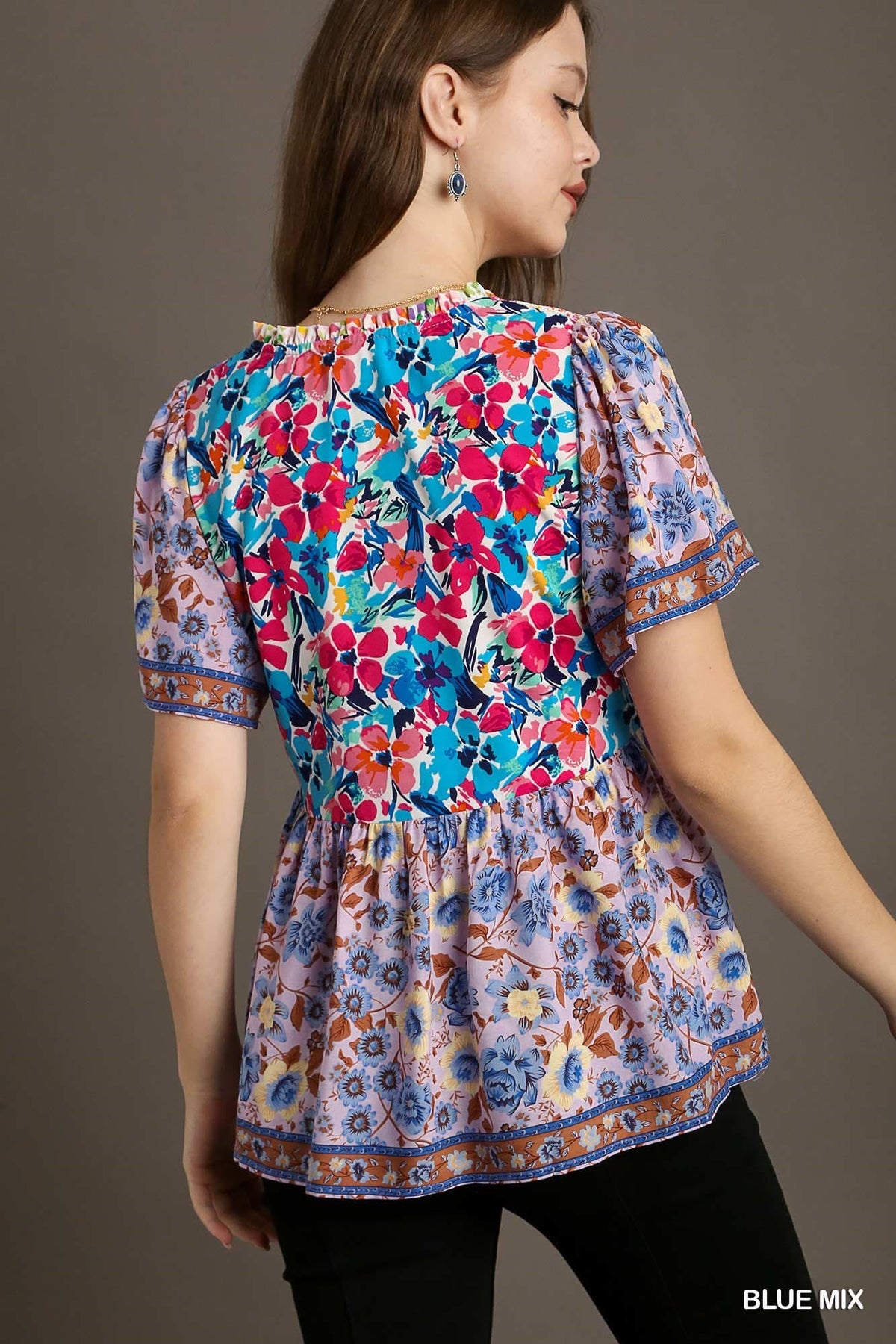 UMGEE Blue Mix Printed Smocked Shoulder Top