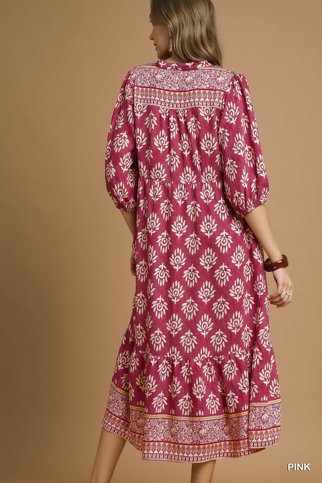 UMGEE Border Print Midi Dress Pink Mix