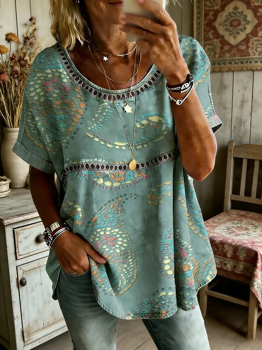 Women's Ethnic Paisley Art Print Round Neck Hollow-out Cotton Shirt