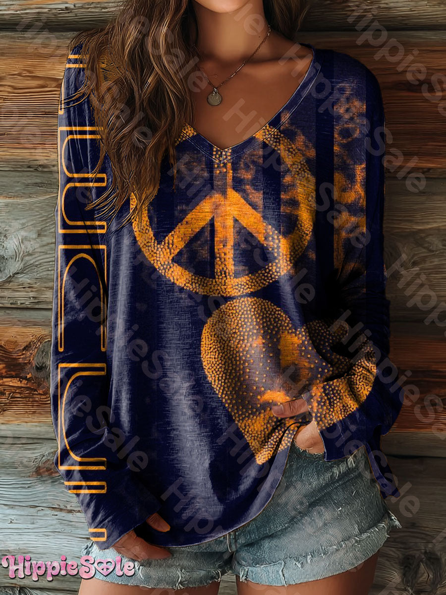 Women's Vintage Hippie Peace Love Dot Art Print Casual V-neck Long Sleeve T-shirt