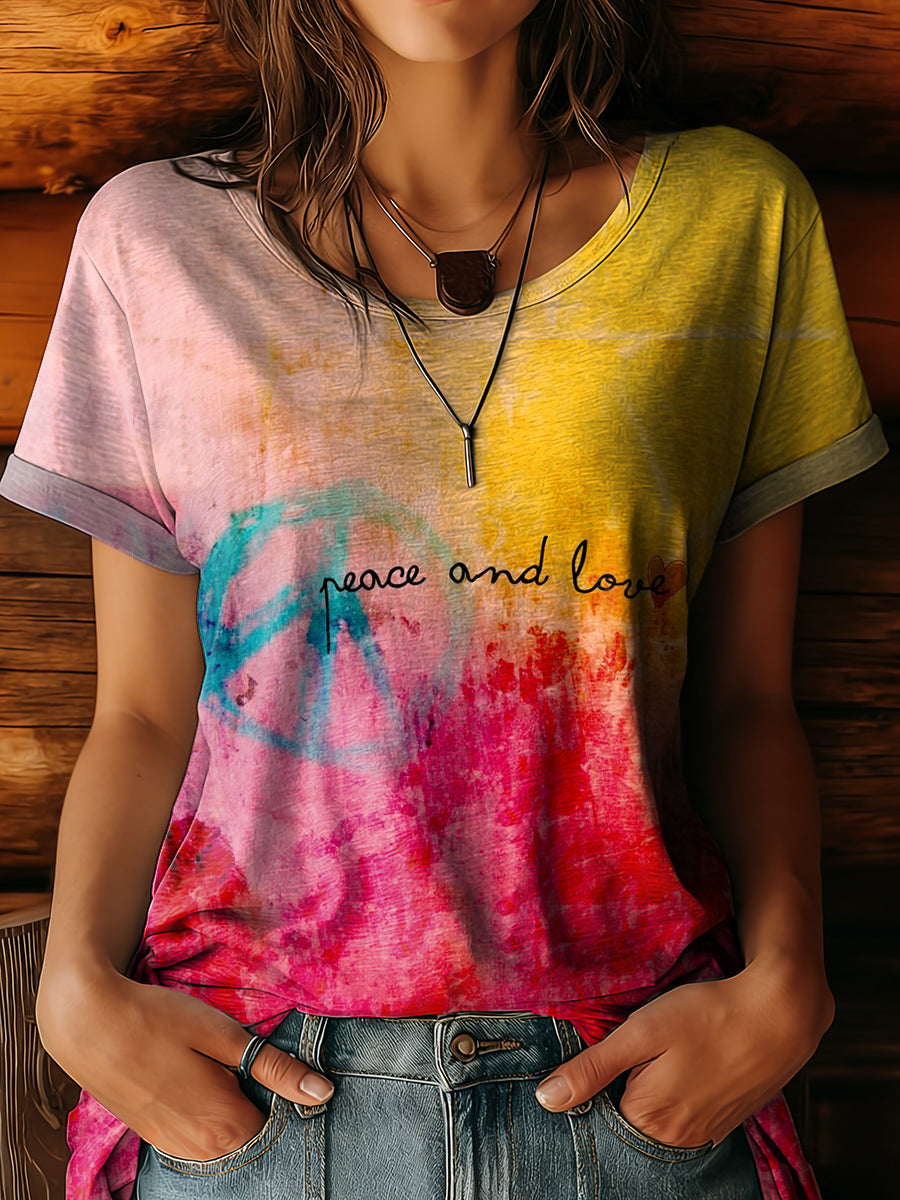 Women's Retro Colorful Gradient Peace And Love Art Print Casual Short Sleeve Crew Neck Cotton T-shirt