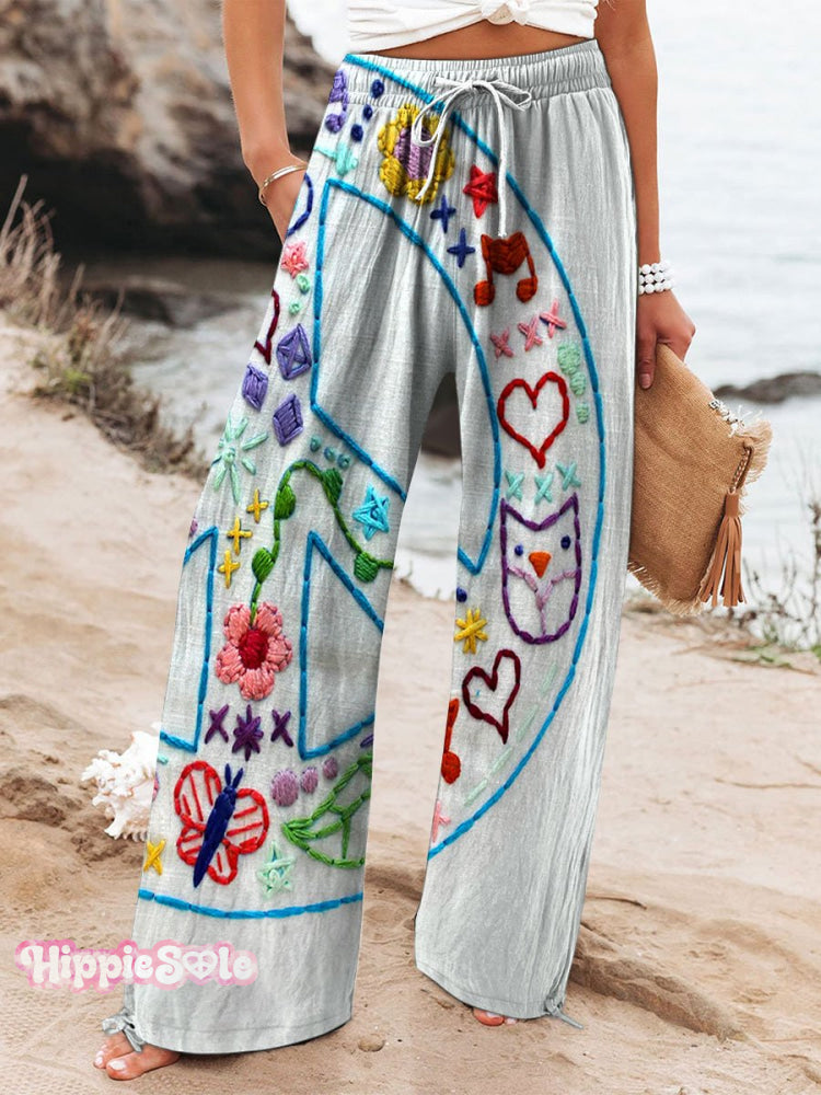 Women's Vintage Peace Art Print Cotton And Linen Casual Pants