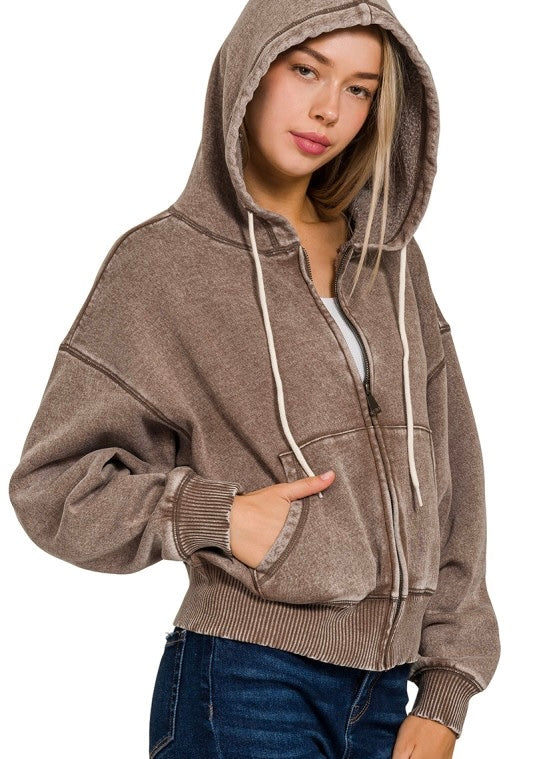 Acid Wash Zip Up Hooded Sweatshirt Mocha