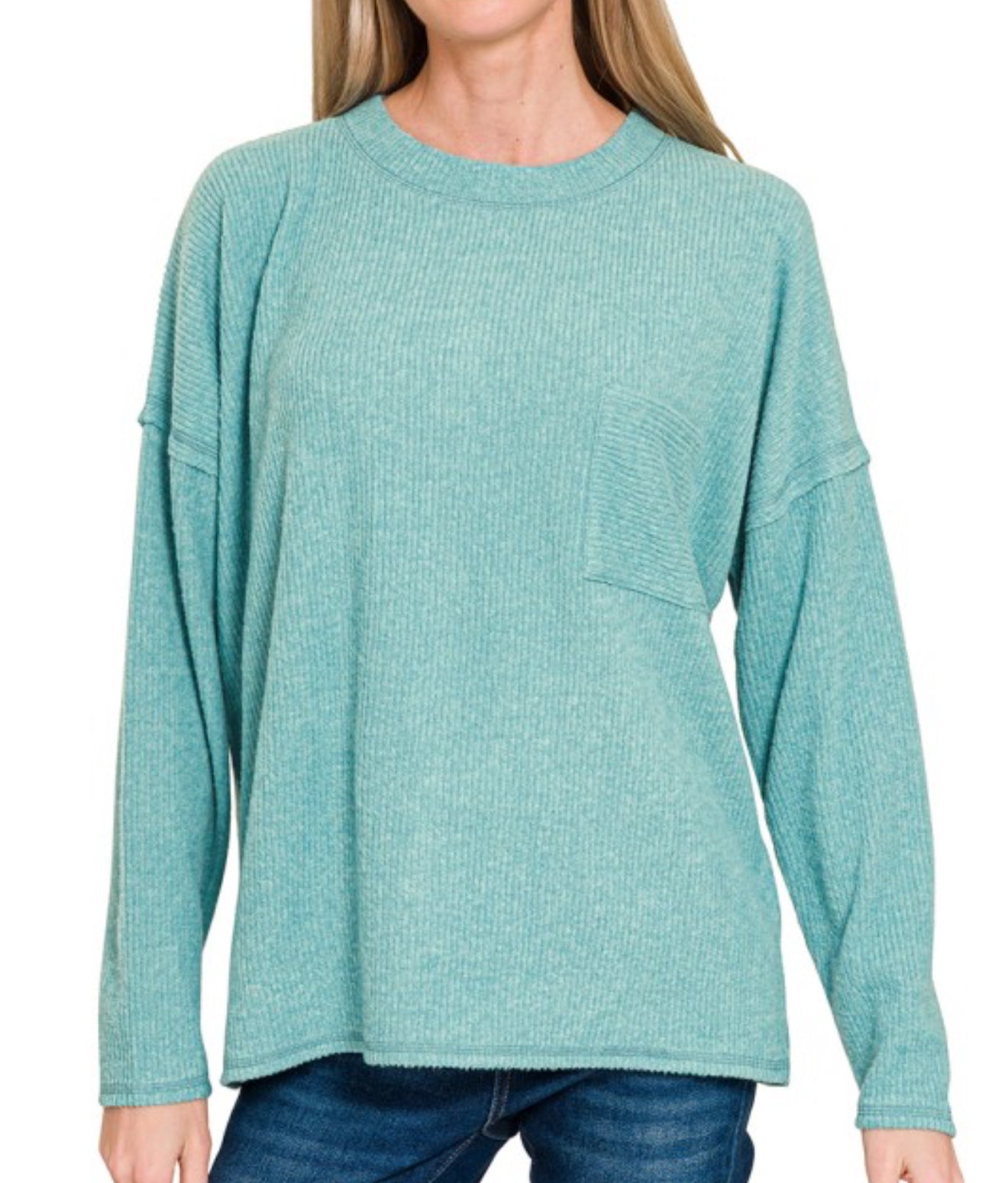 Ribbed Soft Pocket Sweater Dusty Teal