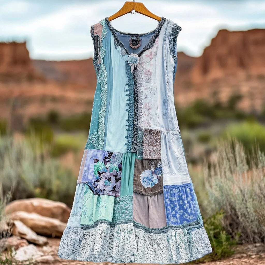Women's Vintage Floral Lace Patch Comfort Dress