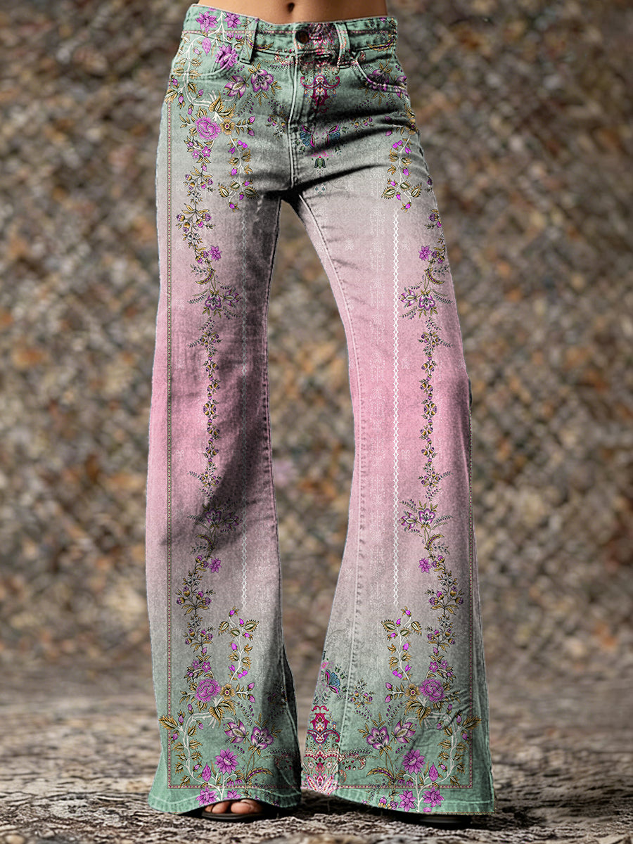 Women's Vintage Ethnic Pink Green Gradient Floral Hippie Art Printed Casual Slim Denim Flared Pants