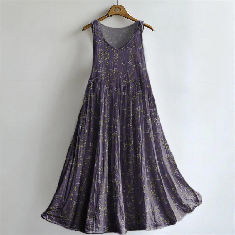 Women's Vintage Floral Art Print Sleeveless Cotton Pocket Dress