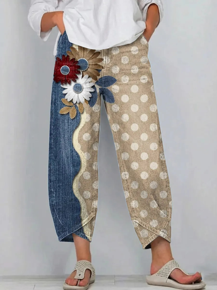 Women's Polka Dot Floral Patchwork Art Print Denim Jeans