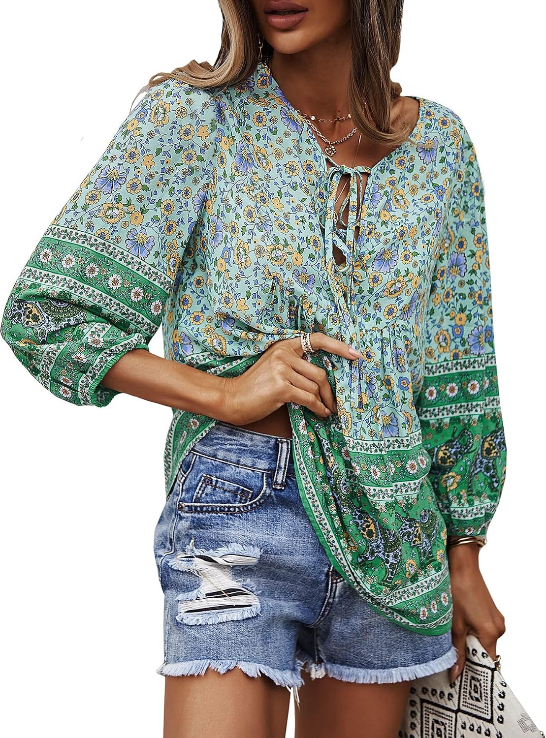 Women Blouse Elegant Casual Boho V Neck Floral Pattern Loose Long Sleeve Summer Tunic Tops