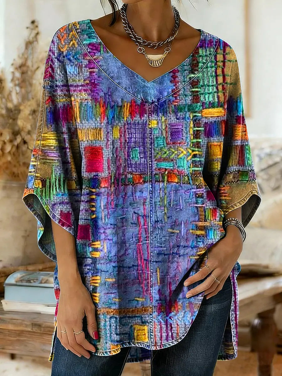 Ethnicity Geometry Texture Women's Art Print Casual Washed Denim Cotton Top