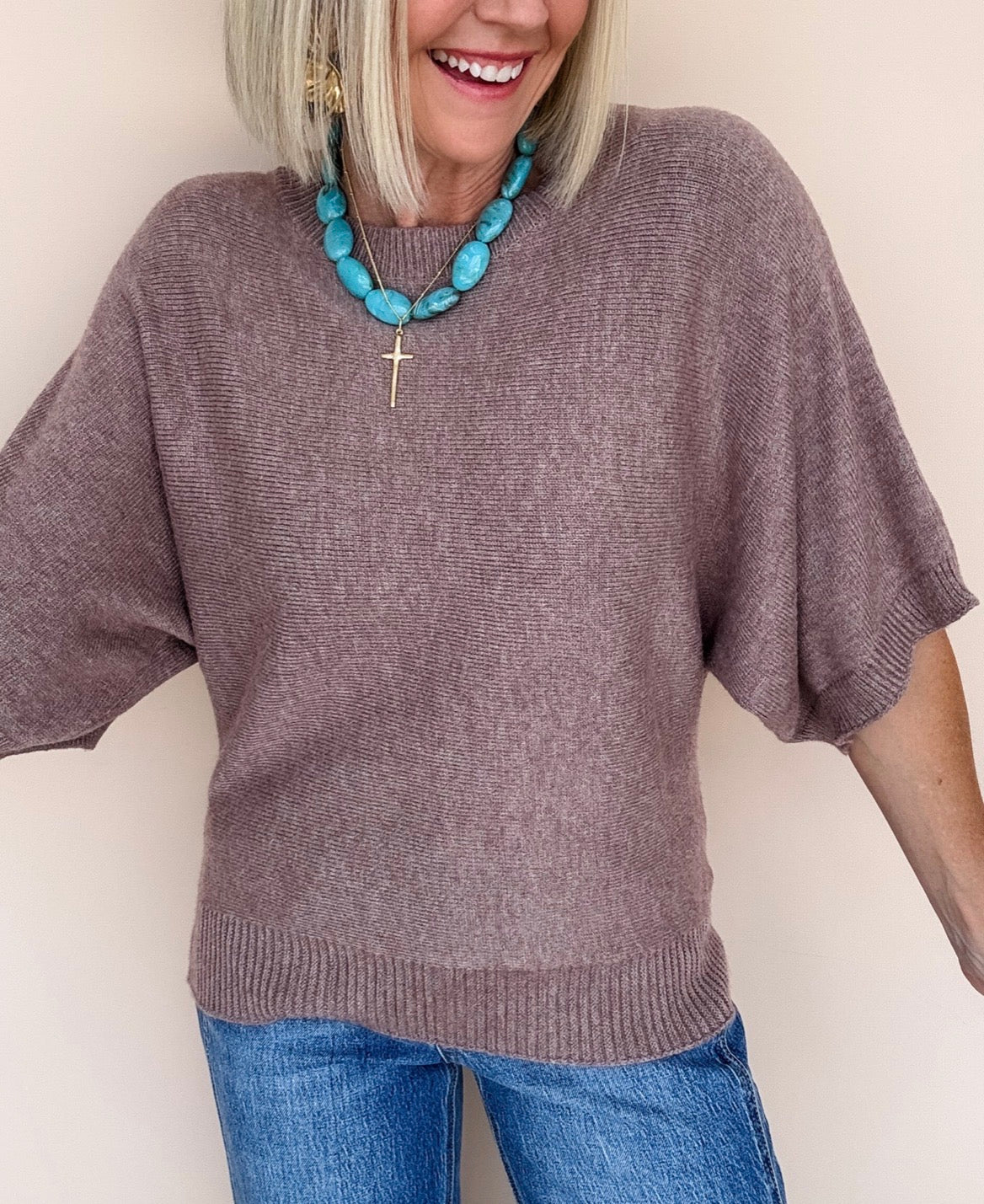 Elbow Sleeve Solid Sweater Light Mocha