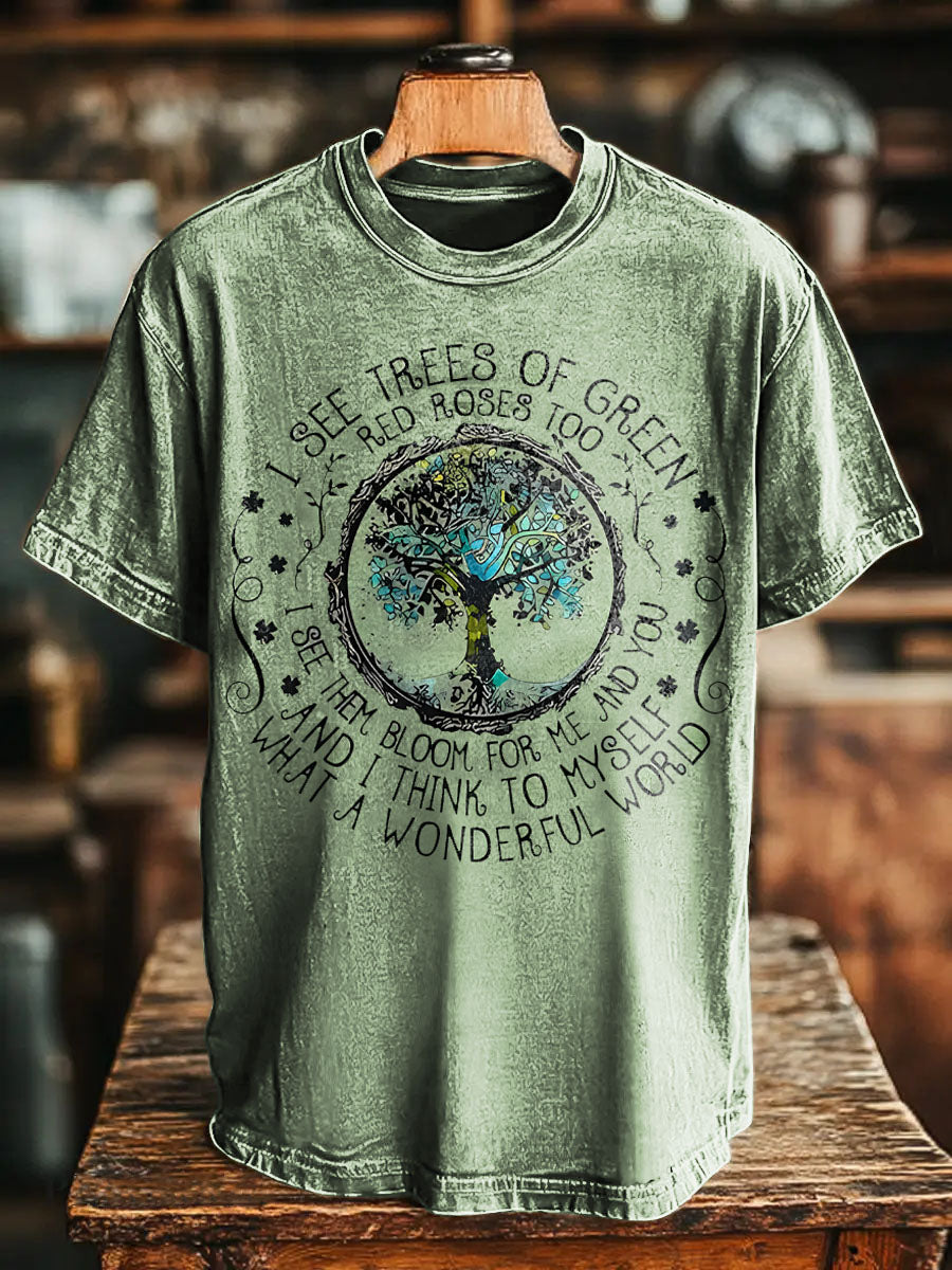 Trees of Green Wonderful World Hippie Vintage Art Print Casual T-shirt For Women And Men
