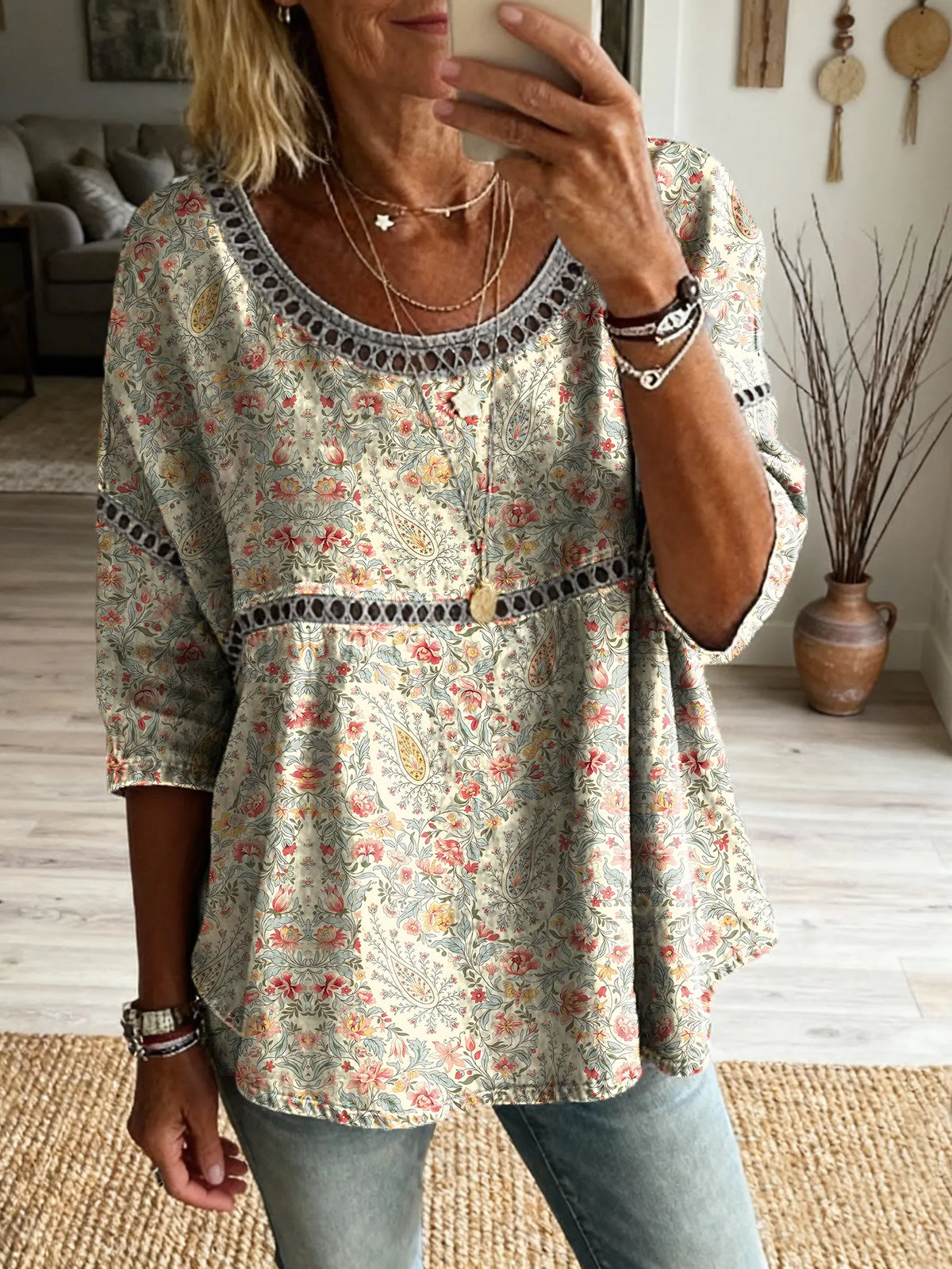 Women's Paisley Floral Art Print Casual Round Neck Cutout Top