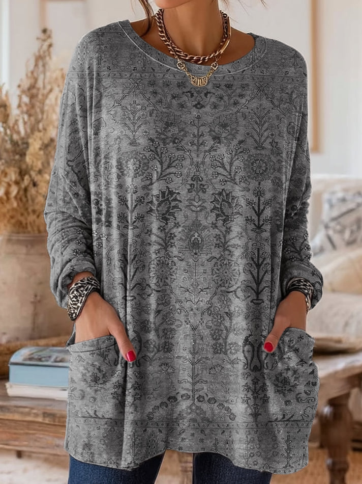 Women's Retro Ethnic Art Print Casual Long-Sleeve Round Neck Cotton T-Shirt