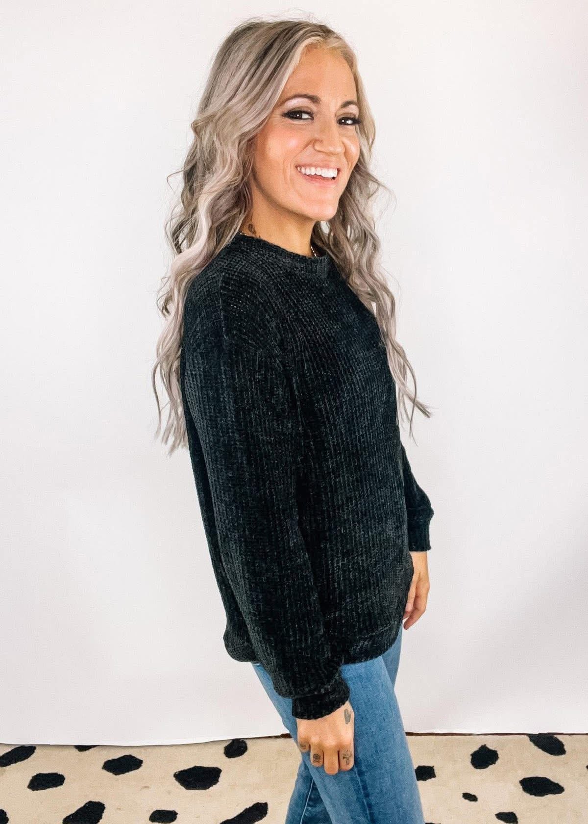 Chenille Waffle Knit Sweater Black