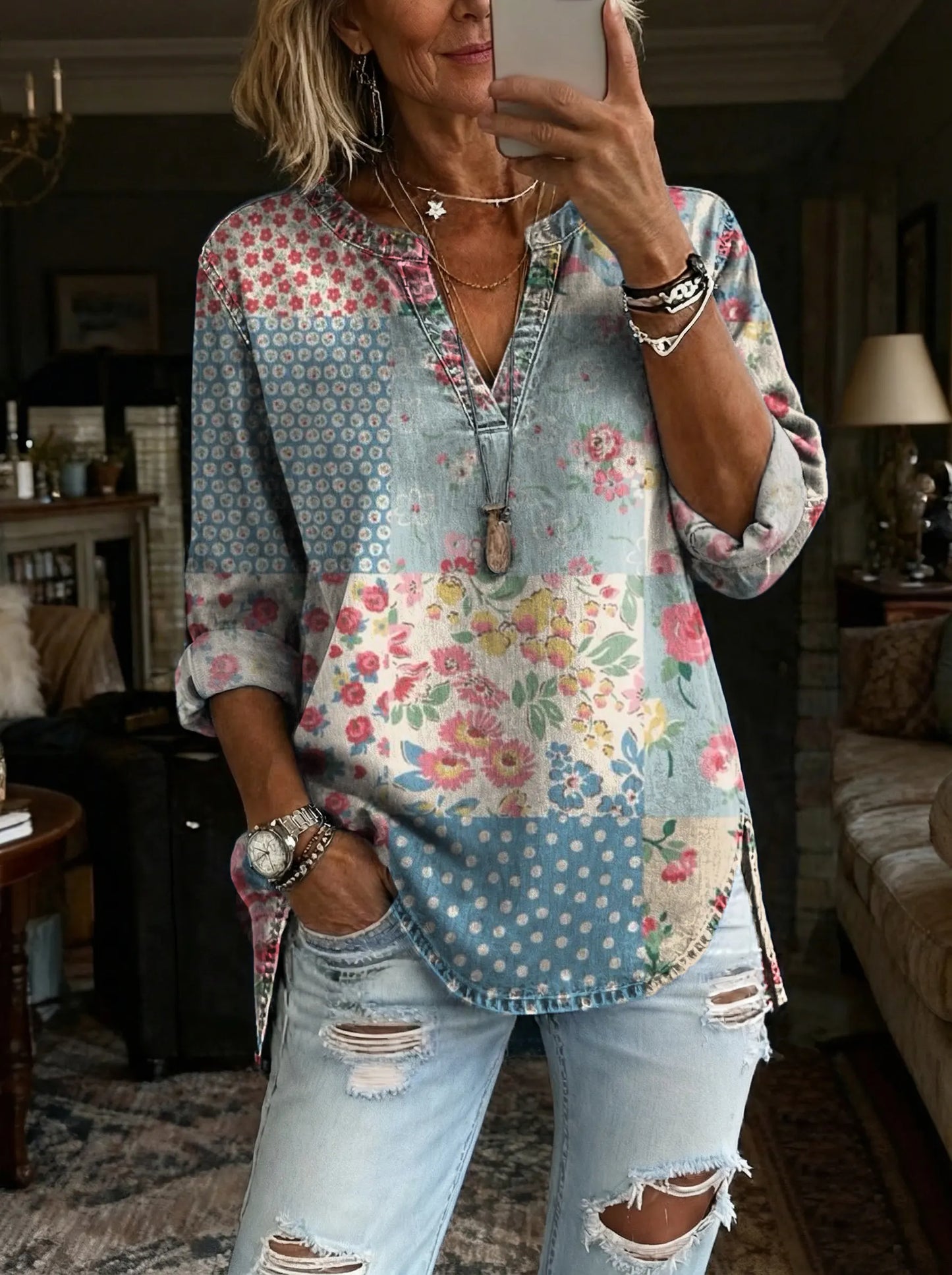 Women's Patchwork Pattern Art Print Casual V-neck Washed Cotton Denim Top