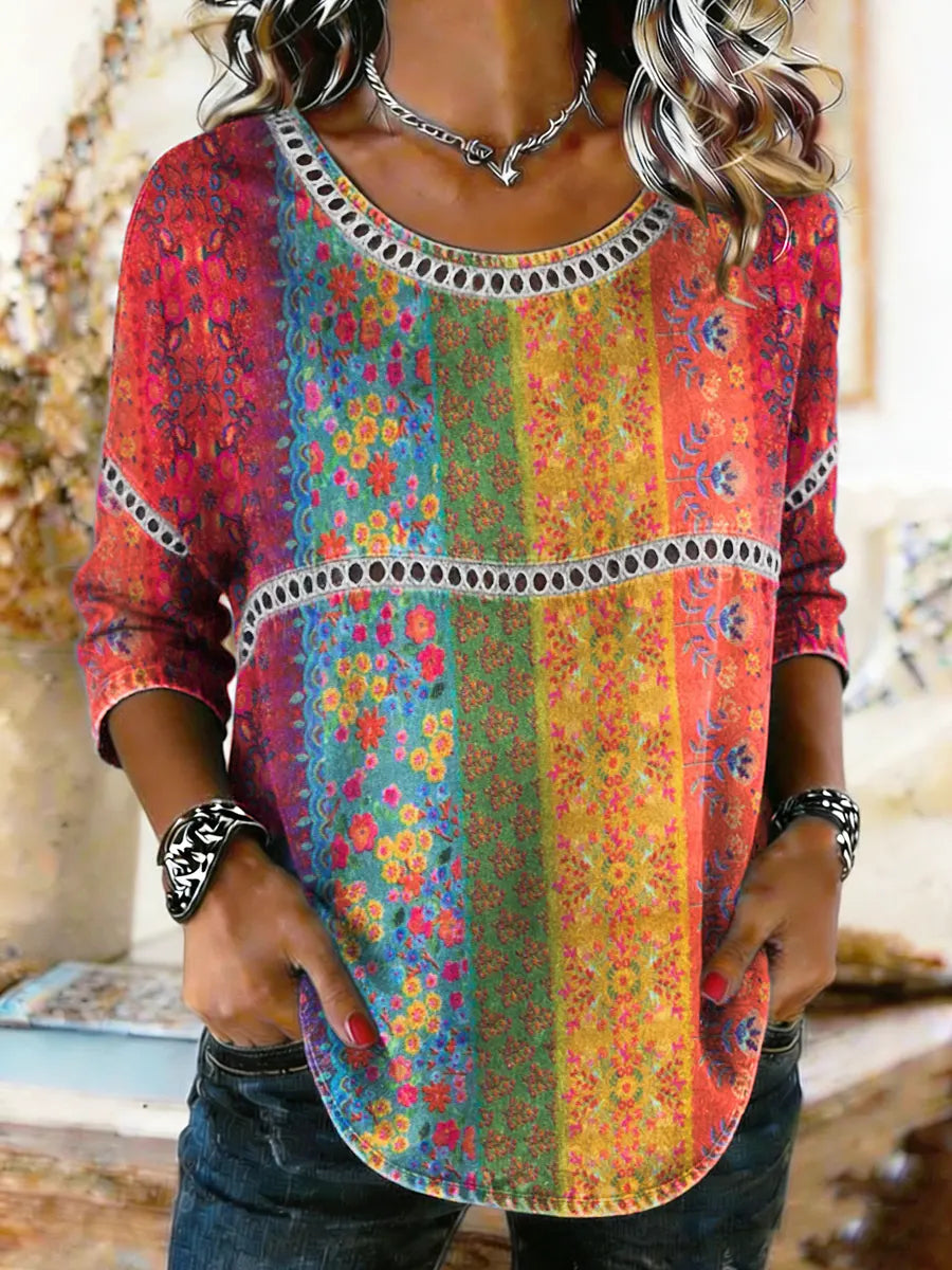 Women's Colorful Bohemian Floral Print Round Neck Blouse With Lace Trim