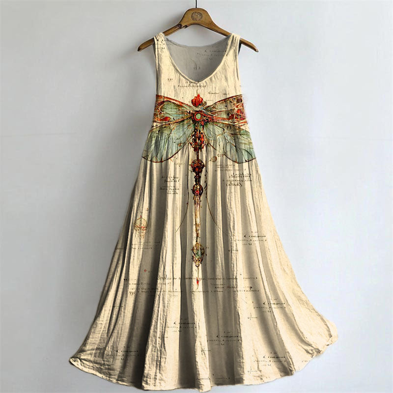 Women's Vintage Ethnic Dragonfly Tattoo Pattern Art Print Sleeveless Cotton Pocket Dresses