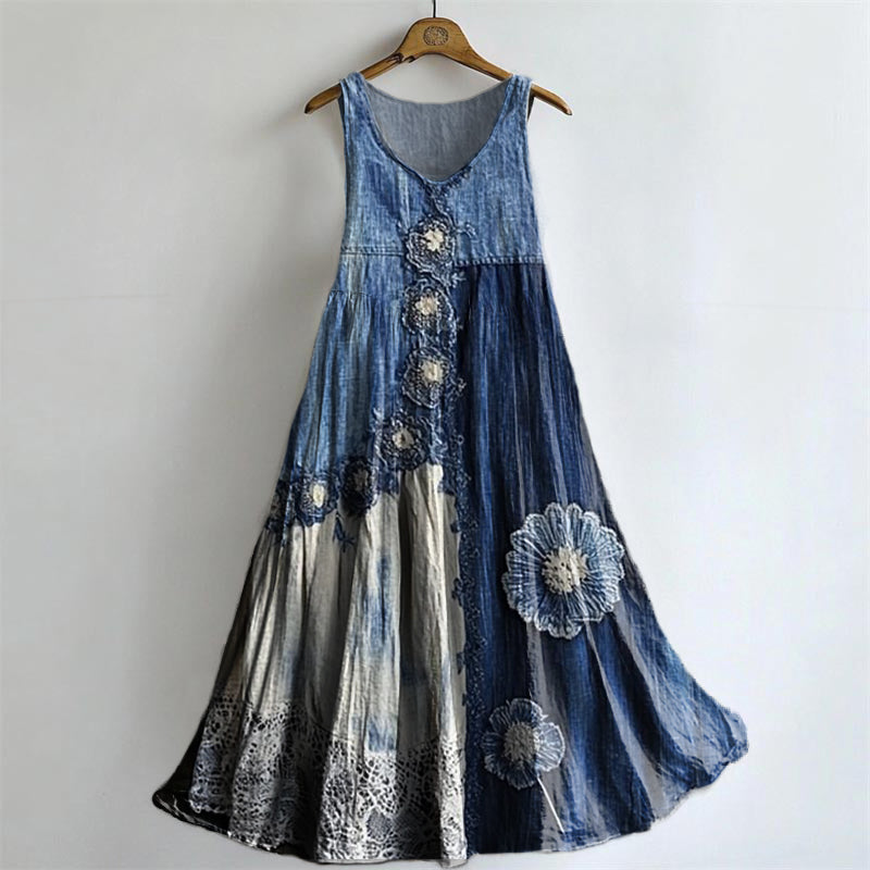 Women's Floral Colorblocking Pattern Art Print Round Neck Sleeveless Cotton Pocket Dresses