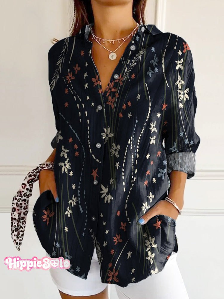 Women's Vintage Folk Floral Art Print Long Sleeve Comfortable Cotton Shirt