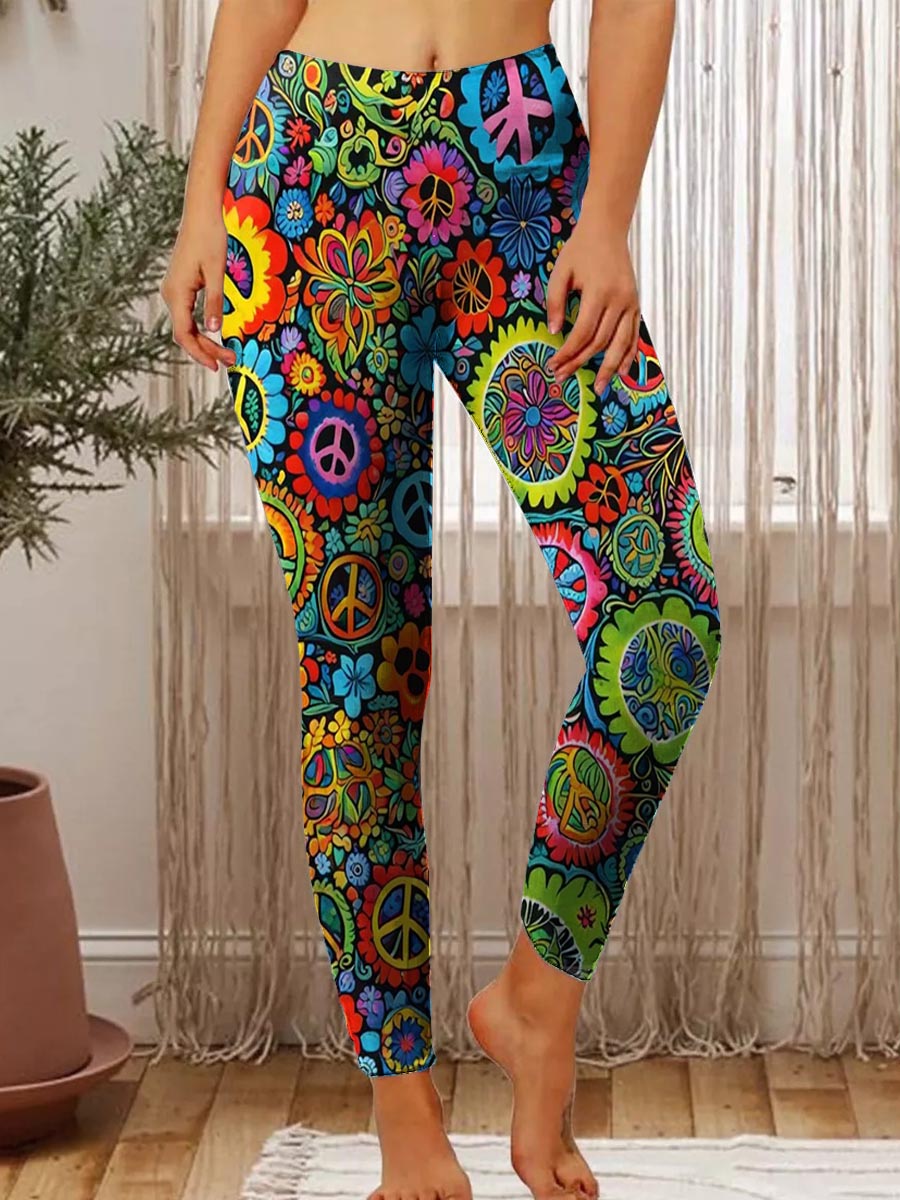 Women's Hippie Peace Floral Power Print Stretch Leggings