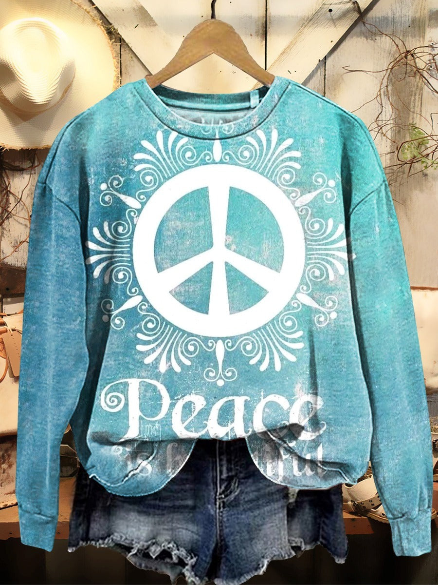 Women's Hippie Peace Is Beautiful Print Short Sleeve Pocket Cotton Linen Dress