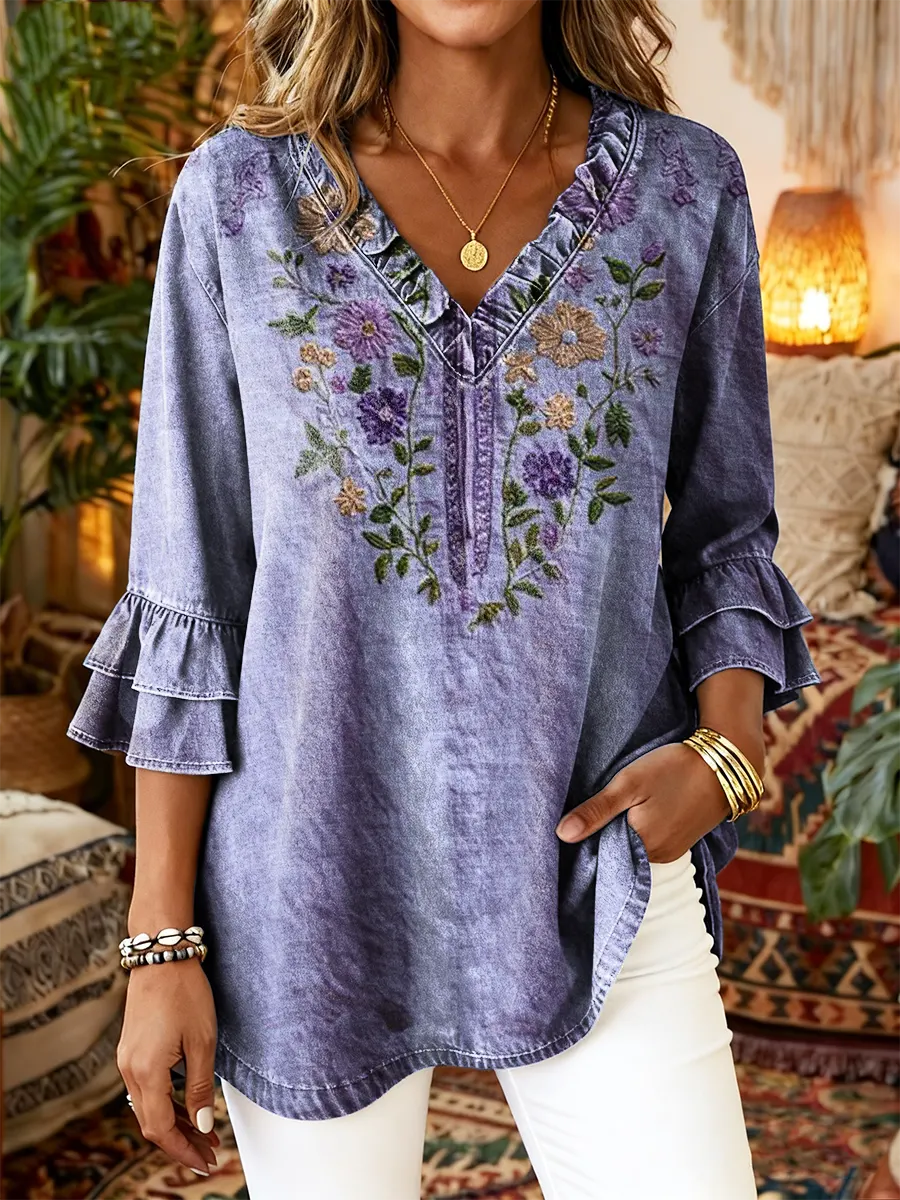 Women's Vintage Floral Art Print Casual Ruffled Washed Cotton Denim Shirt