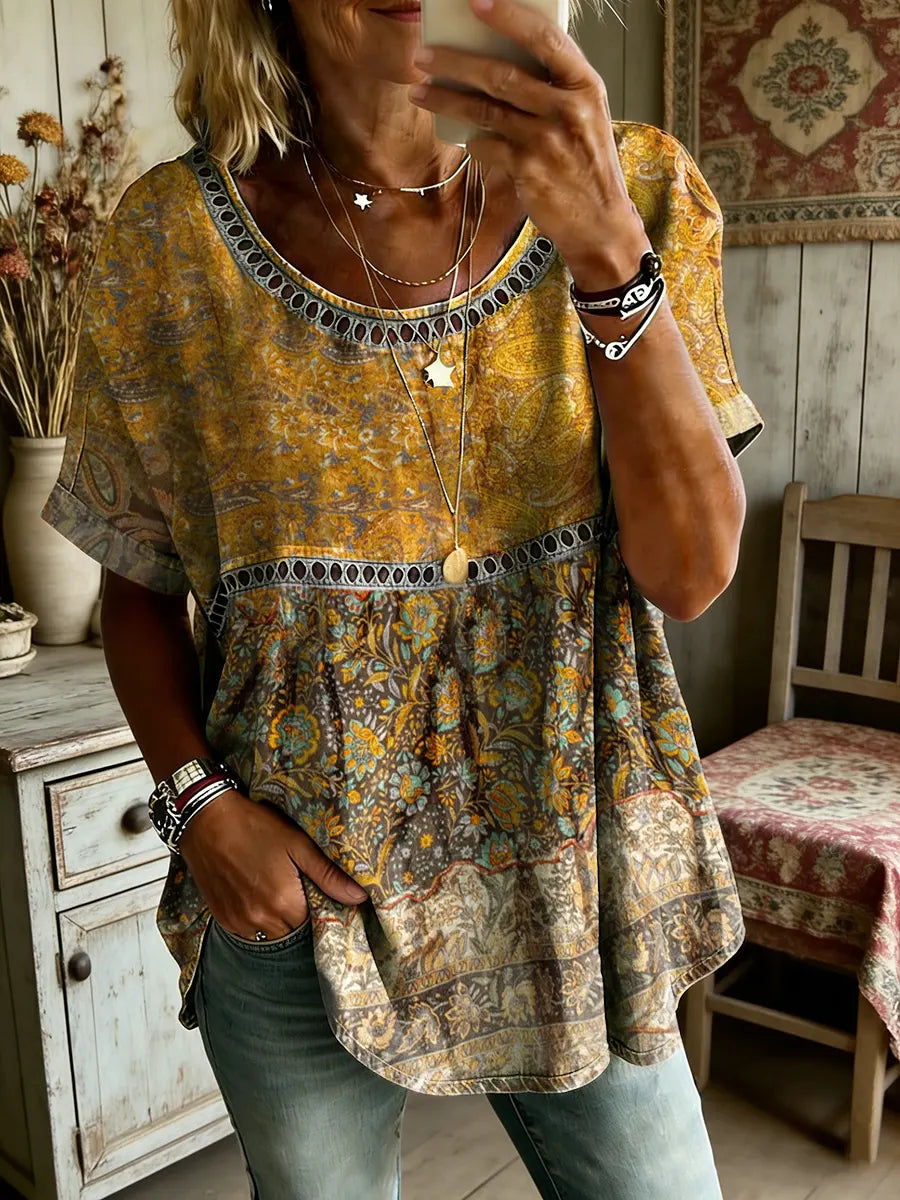 Women's Folk Floral Art Print Round Neck Short Sleeve Hollow-Out Shirt