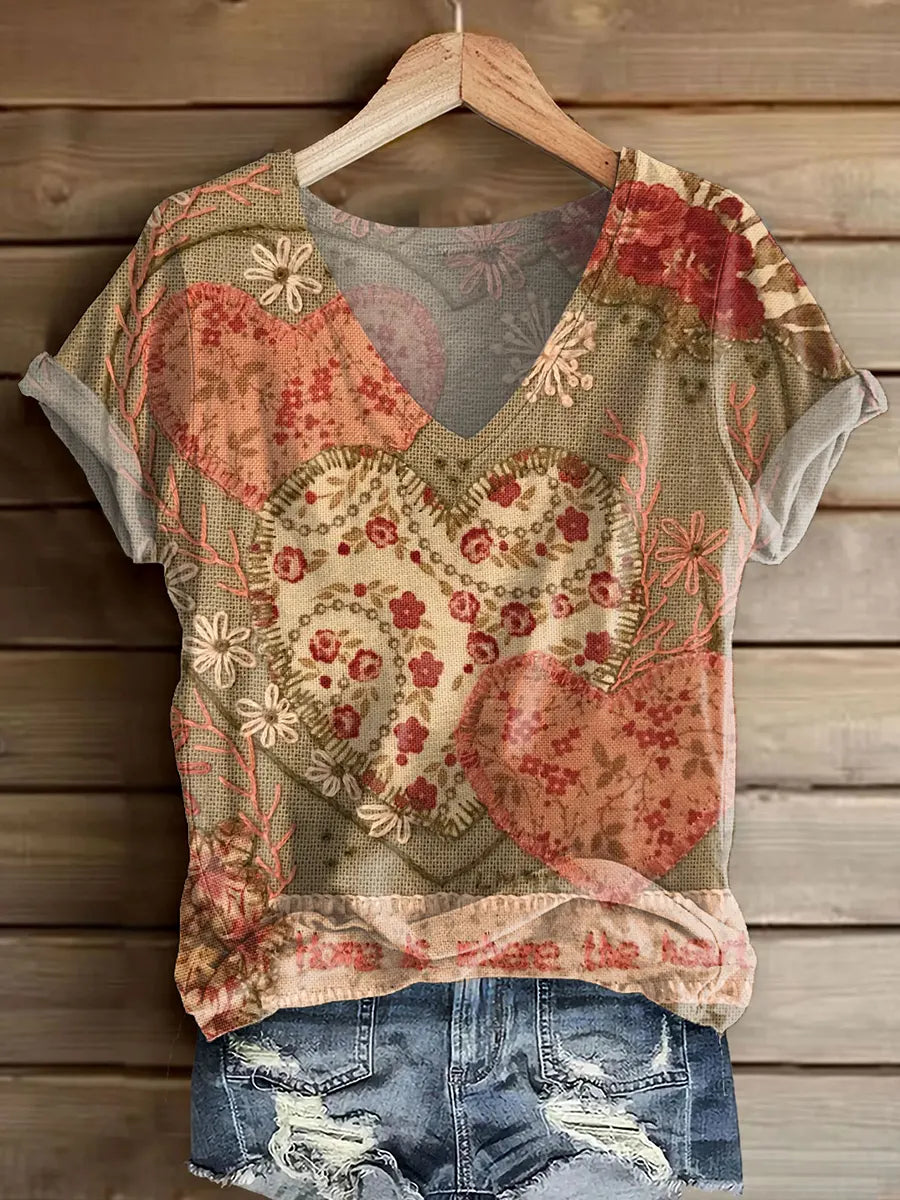 Women's Heart-Shaped Floral Pattern Art Print V-Neck Short Sleeve