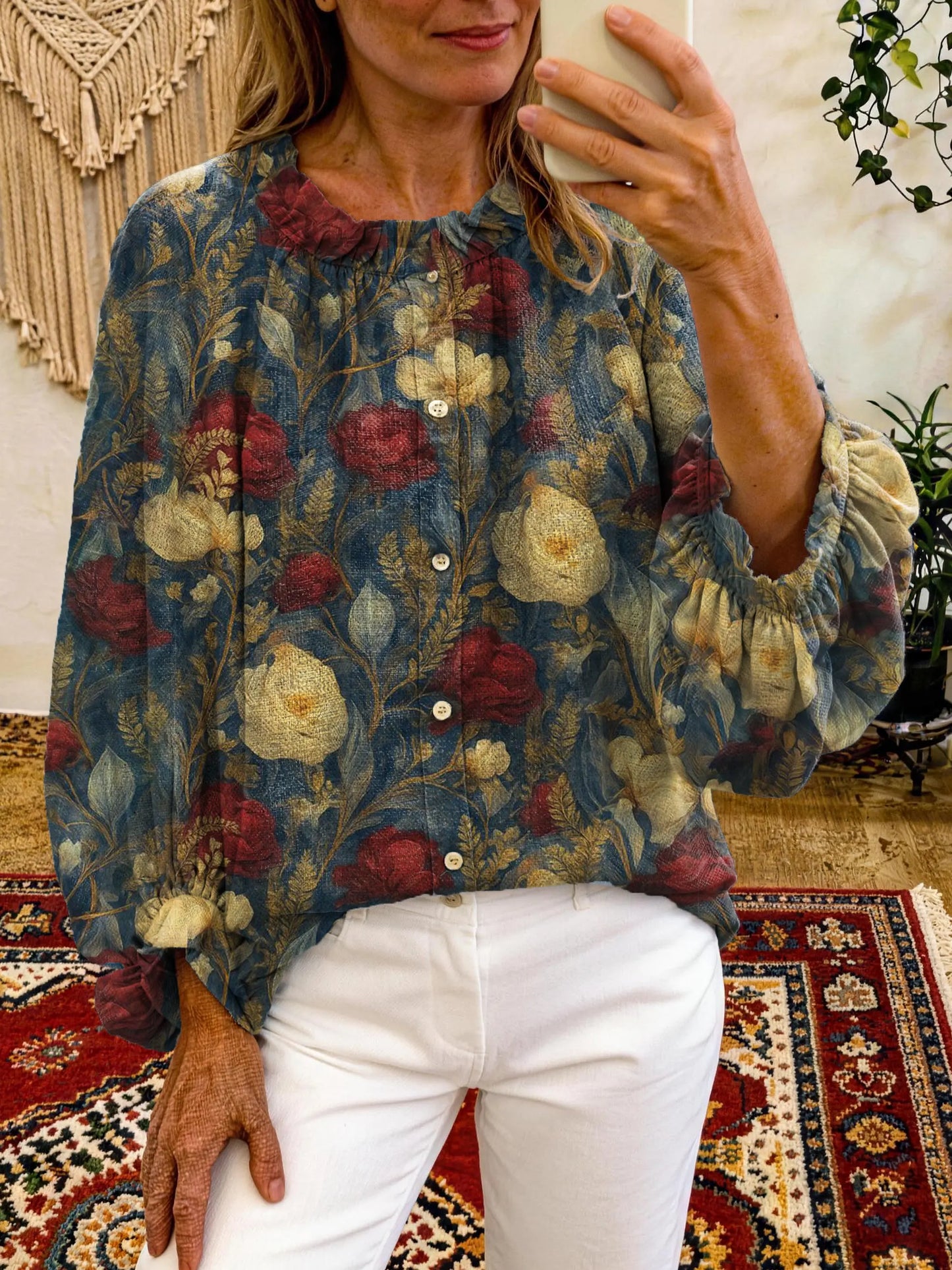 Women's Vintage Ethnic Floral Pattern Art Print Cotton-linen Blend Shirt With Bell Sleeves