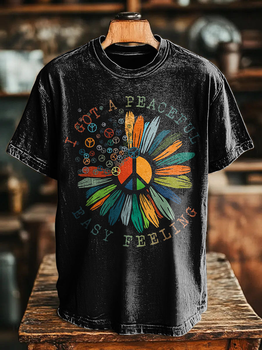 Vintage Hippie Love Peace Flowers Art Print Casual T-shirt For Women And Men