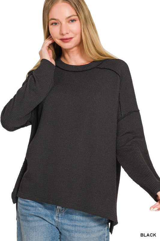 Ribbed Knit Long Sleeve Top Black