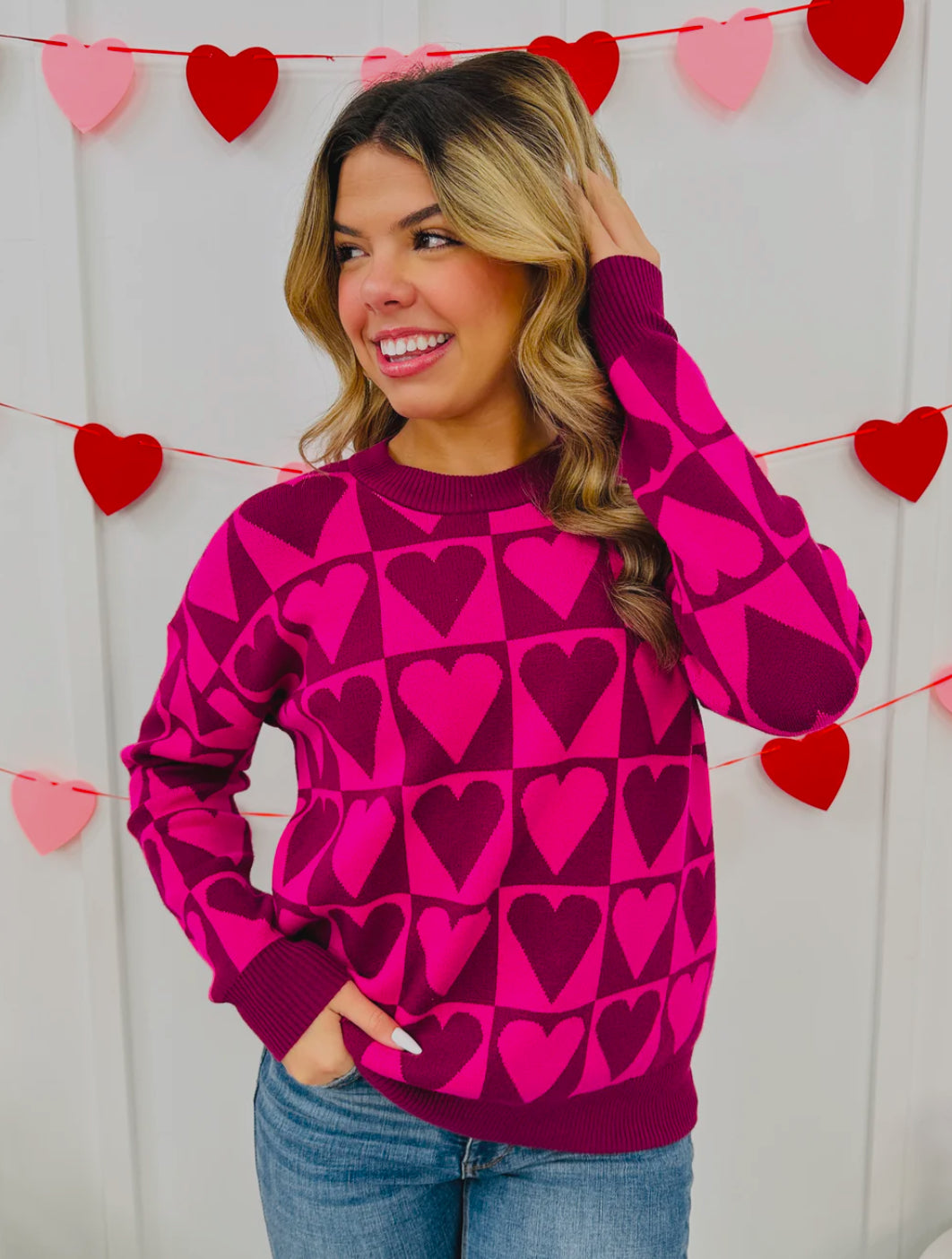Magenta Fuchsia Checkered Heart Sweater