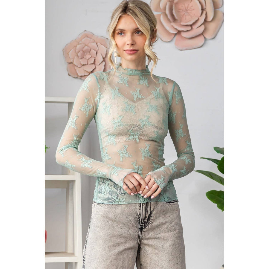 Sage Mesh Lace Layering Top