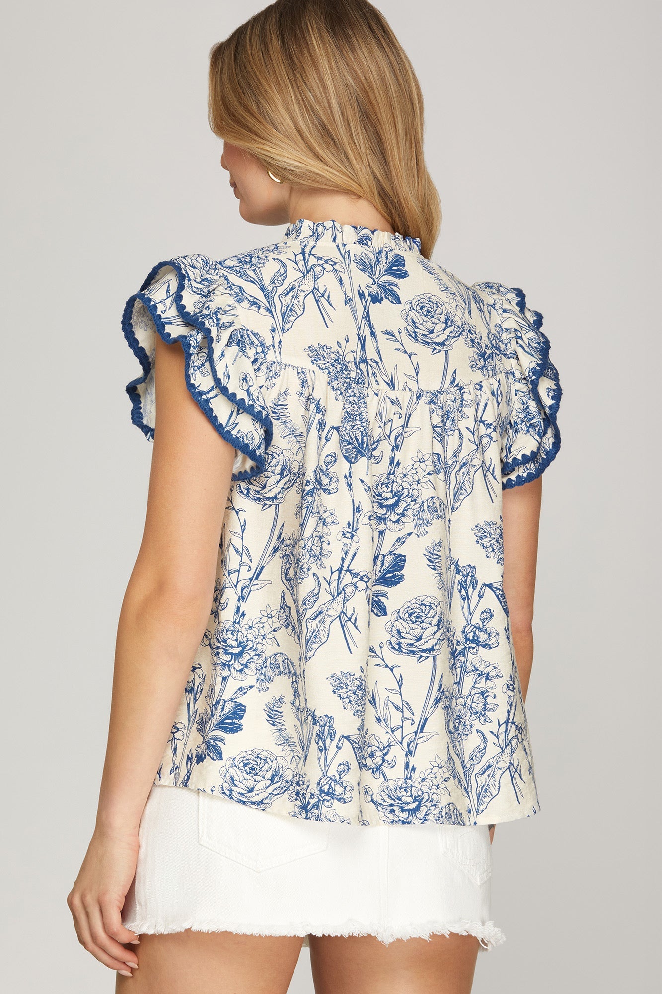 Ruffle Sleeve Floral Top Blue Mix