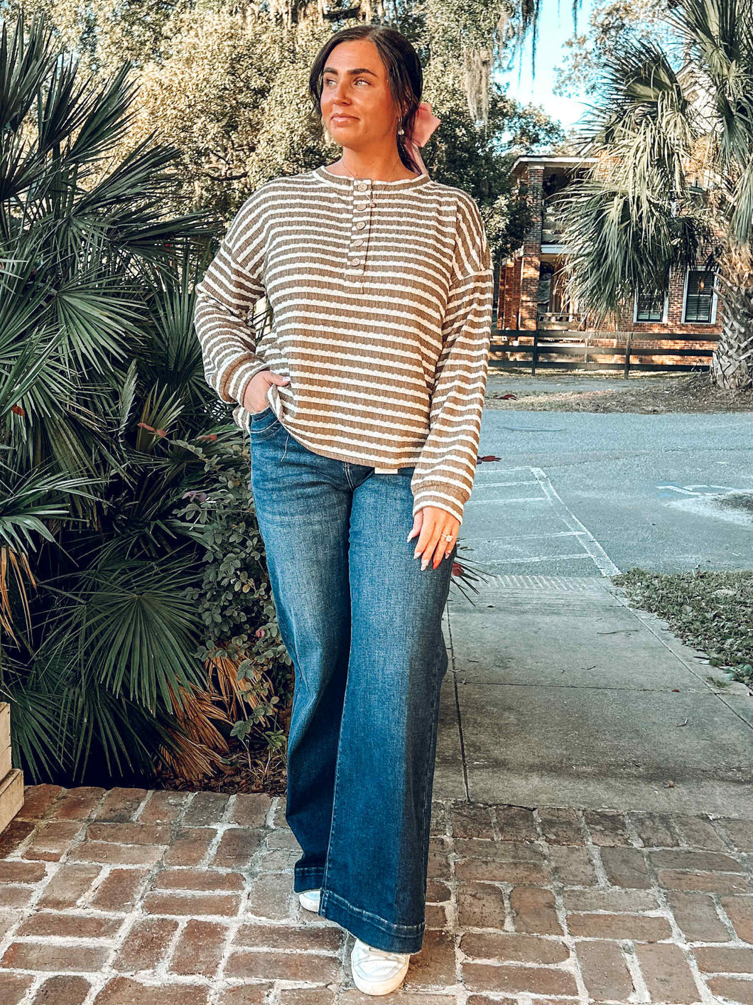 Textured Stripe Henley Top Taupe