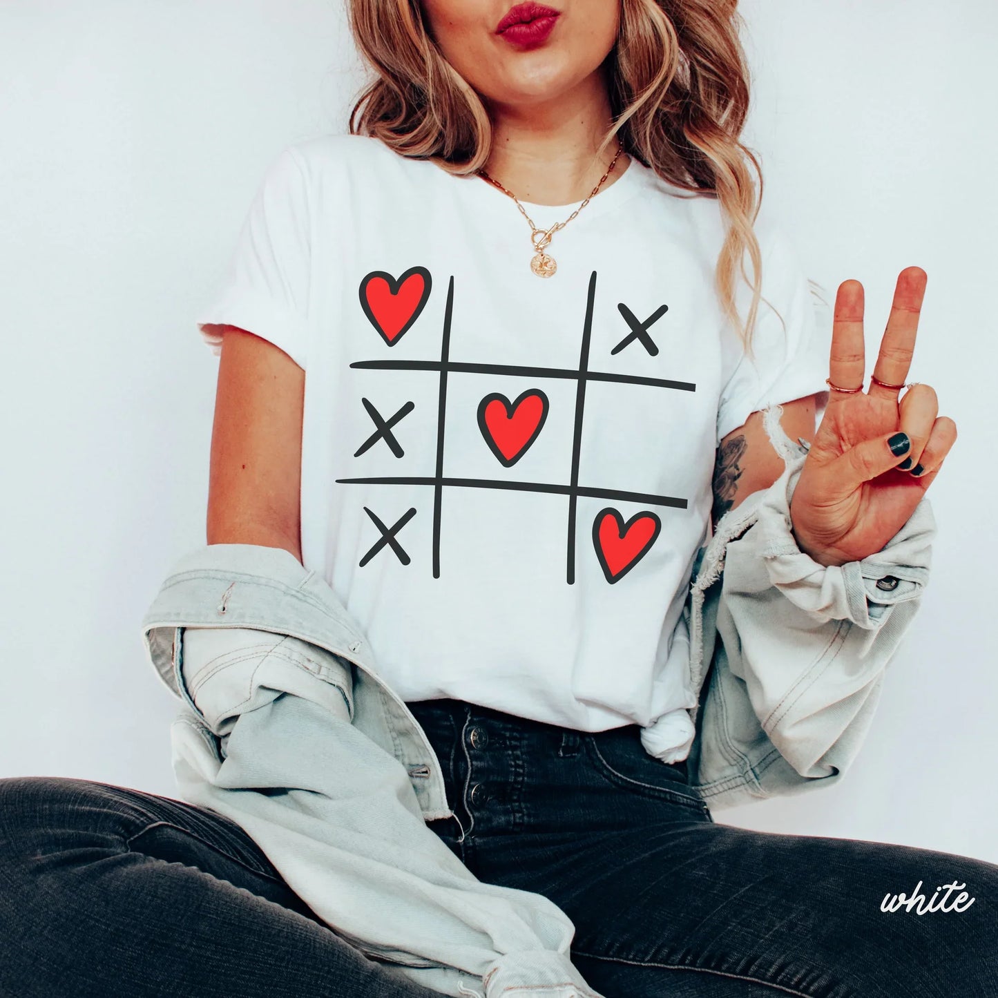 Comfort Colors White Tic Tac Toe Hearts Tee